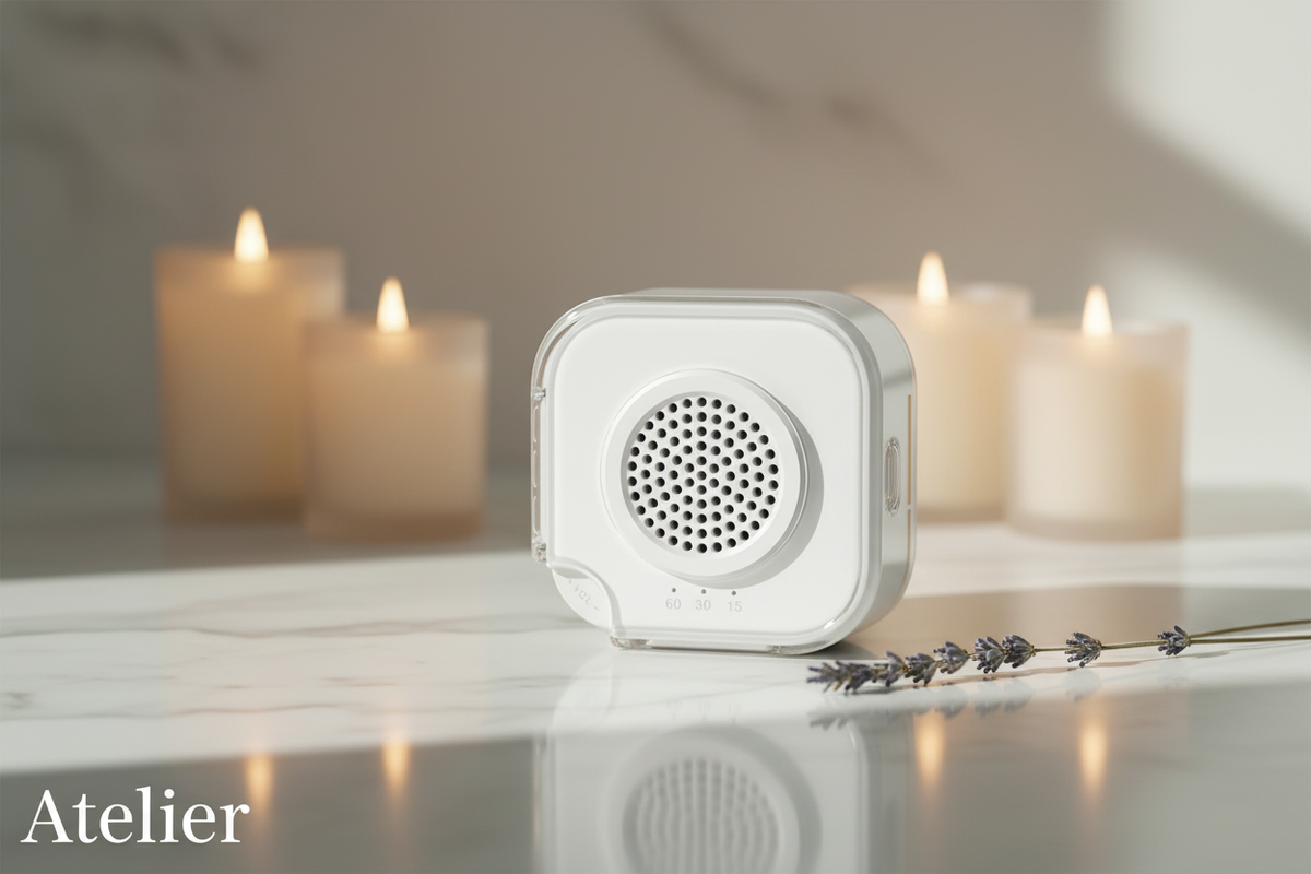 Atelier Sleep Sound Machine on marble surface with candles and lavender