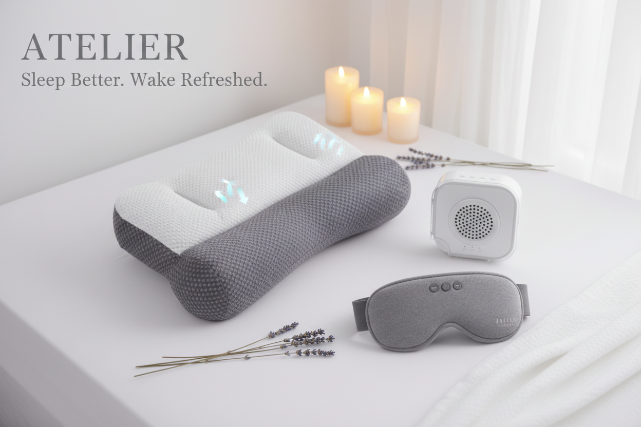 Atelier sleep collection hero image featuring cervical pillow, sleep sound machine and sleep mask